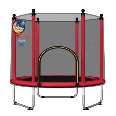 VYNXARIA 140CM Red Trampoline with Safety Net and Basketball Hoop for Outdoor Fun