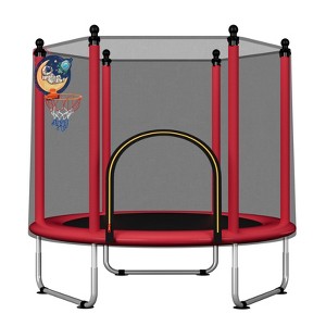 VYNXARIA 140CM Red Trampoline with Safety Net and Basketball Hoop for Outdoor Fun - 1 of 4