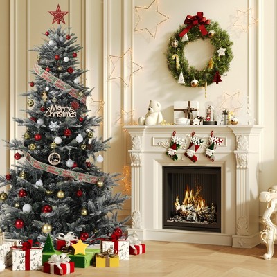 Pre-Lit Slim Aspen Fir Artificial Christmas Tree with Clear UL Lights, Realistic Pinecones & Berries, Metal Stand, Easy Assembly
