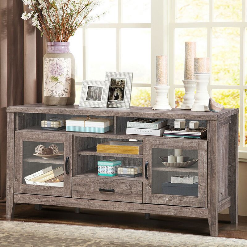 Costway TV Stand Tall Entertainment Center Hold up to 65'' TV w/ Glass Storage & Drawer, 3 of 11
