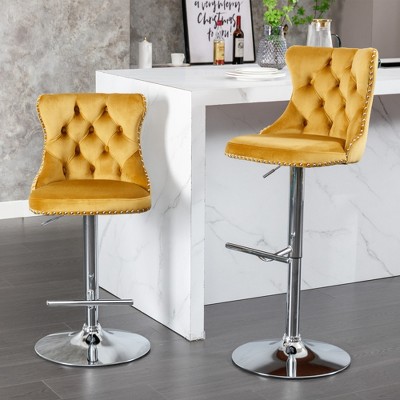 SKRAN Swivel Velvet Barstools Set of 2, Adjustable Seat Height Tufted Back Hand-Hammered Rivets Black Metal Leg For Home Pub & Kitchen Island