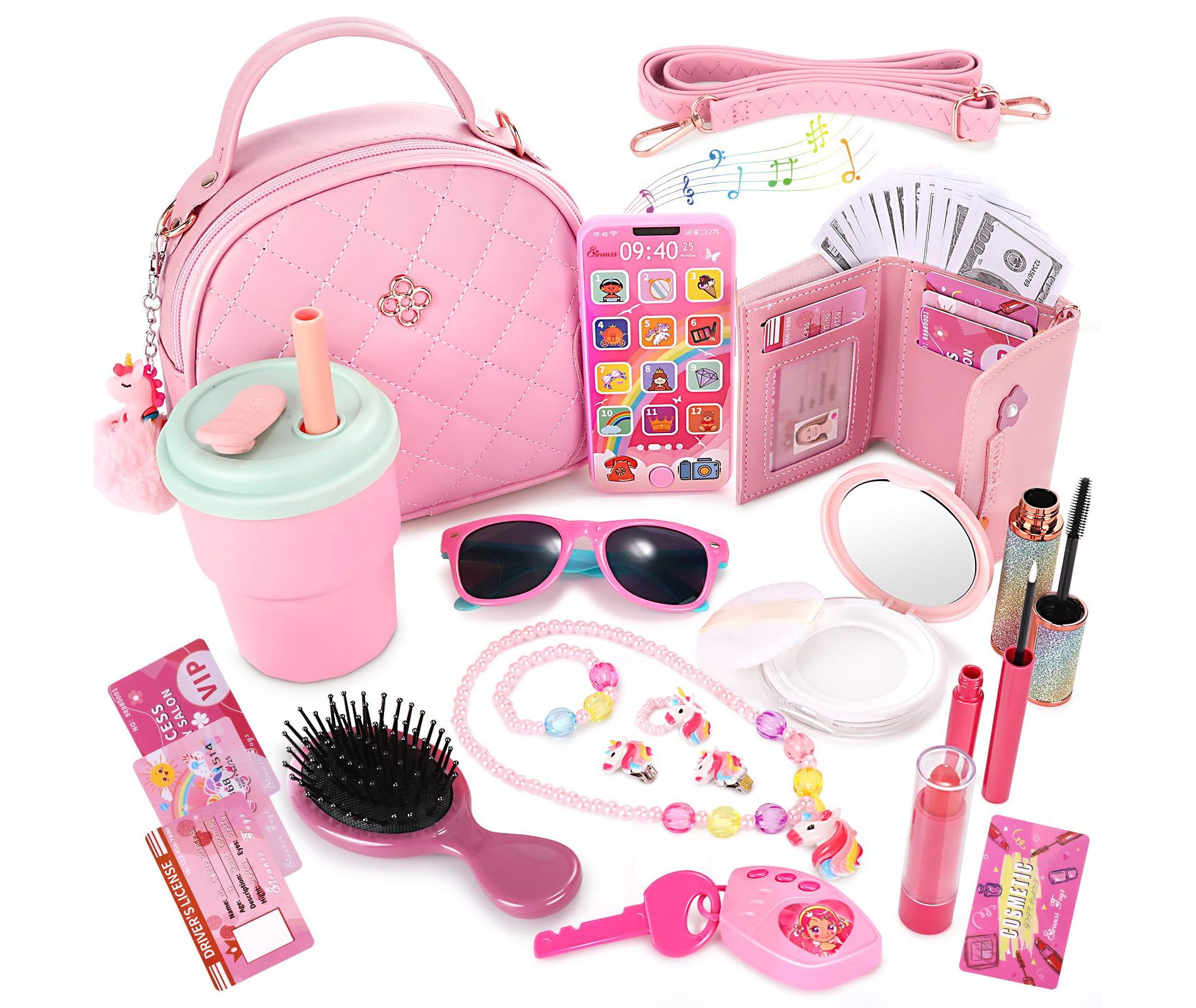 Angel Sar Girls Play Purse Set, 49-Piece Pretend Makeup Kit with Phone, Wallet, Jewelry, Toddler Dress Up Toy for Age 3+
