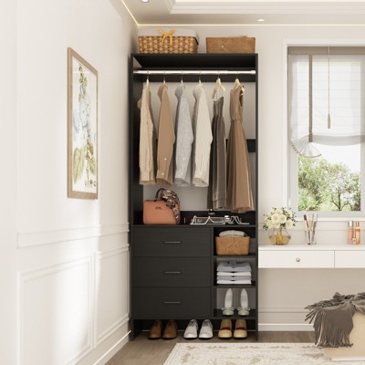 Aheaplus 30'' Freestanding Closet Organizer with Hanging Rods and Drawers, Closet System with Storage Shelves