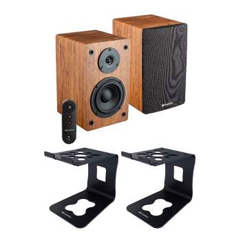 Knox Gear LP1 Powered Bookshelf Bluetooth Speakers Bundle with Monitor Stands