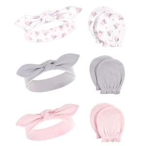 Hudson Baby Infant Girls Cotton Headband and Scratch Mitten 6pc Set, Pink Gray Floral, 0-6 Months - 1 of 2