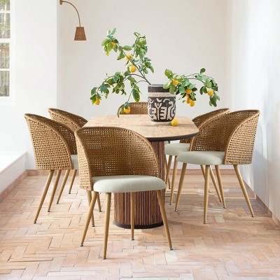 Rattan Curved Back Dining Chairs Set Of 6,Modern Armless Linen Upholstered Cane Dining Chair,Double Layer Rattan Back Side Chairs-Cuddlewood