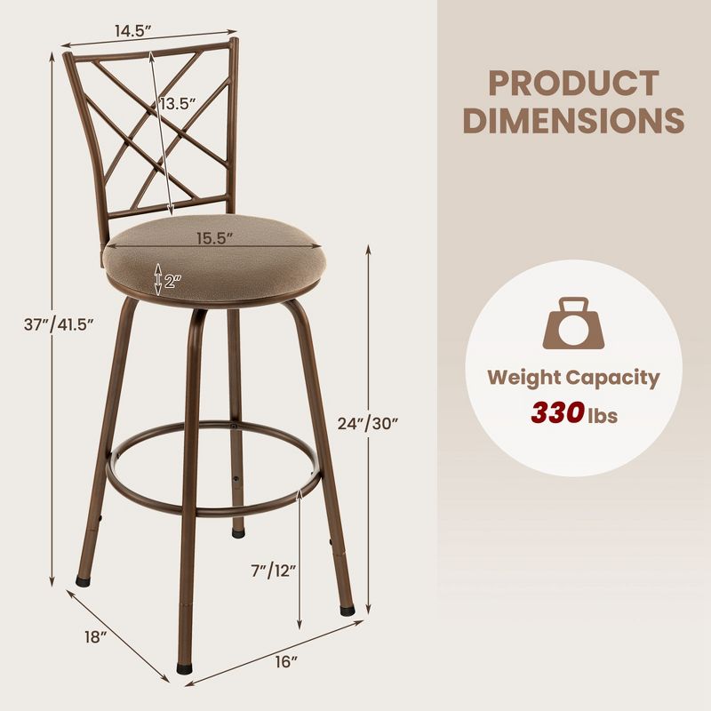 Costway Set of 2 24/30 Inch Adjustable Swivel Barstools Metal Dining Chairs Brown, 3 of 10