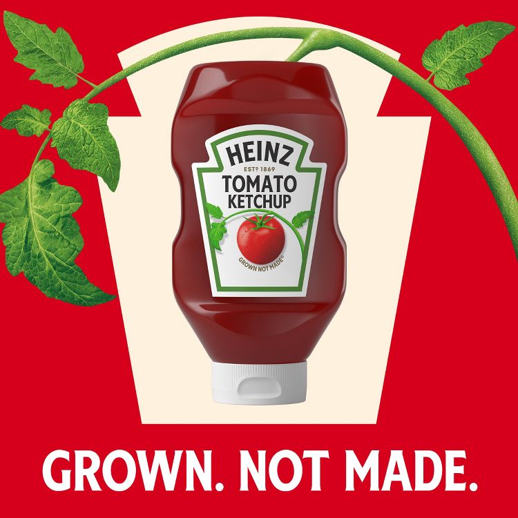 Red colored Heinz tomato ketchup bottle with a white cap and front label reading 'HEINZ TOMATO KETCHUP' featuring a tomato illustration.