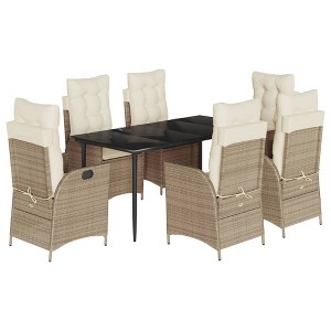 vidaXL 7 Piece Patio Dining Set with Cushions Beige Poly Rattan - 63" x 31.5" x 29.1" Without Footrest 6 Items - 1 of 4
