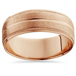 Pompeii3 14K Rose Gold Mens Brushed Milgrain Beveled Wedding Band 8mm - 1 of 3