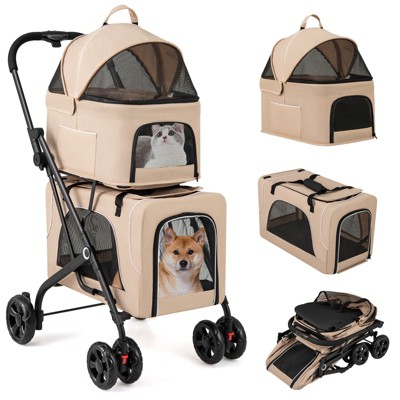 Tangkula Double Dog Stroller Foldable 3-in-1 4 Wheels with 2 Detachable Carriers Safety Belt Washable Cover Removable Pads for Small Medium Dogs