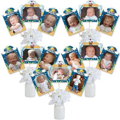 Big Dot of Happiness 1st Birthday Reeling in the Big One - Fish First Birthday Party Picture Centerpiece Sticks - Photo Table Toppers - 15 Pieces