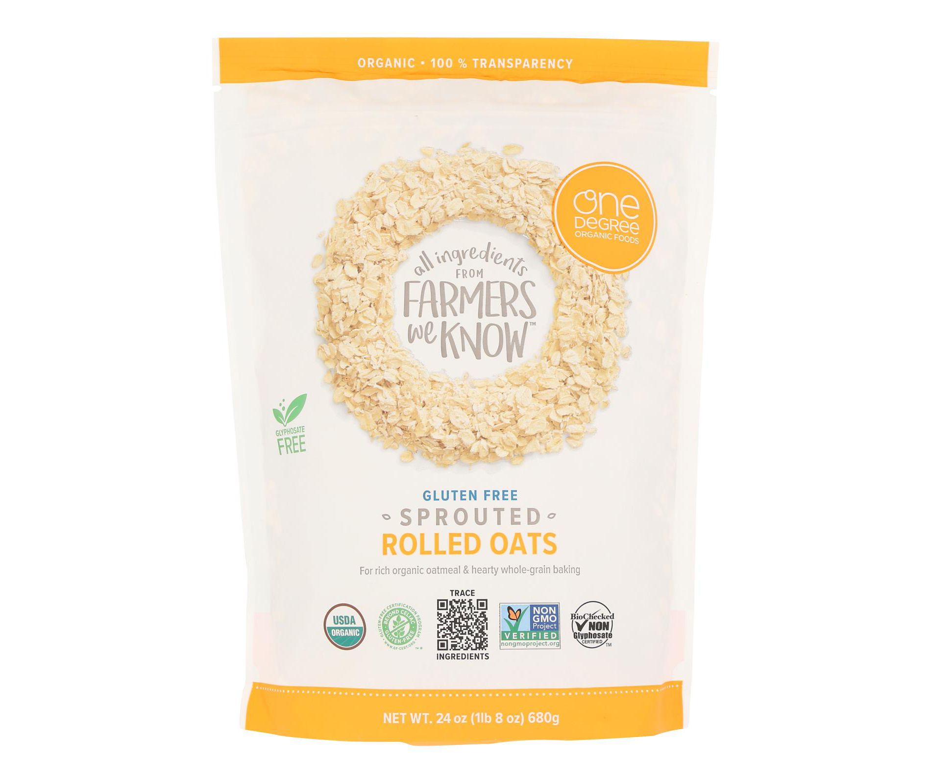 One Degree Organic Foods Organic Rolled Oats - Sprouted - Case of 4 - 24 oz