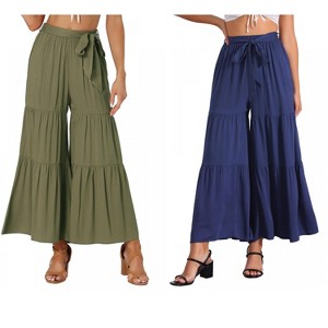 INSPIRE CHIC Women's Boho Elastic High Waist Tie Belt Ruffle Hem Wide Leg Palazzo Pants 2 Packs - 1 of 4