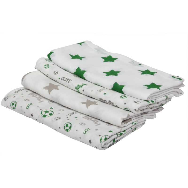 Bacati - Soccerball Green/Gray Muslin Swaddling Blankets set of 4, 4 of 6