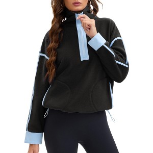 ATHLECHIC Women's Fleece Pullover Half Zip Cropped Sweatshirt Oversized with Pockets Warm Fuzzy Sweater - 1 of 4