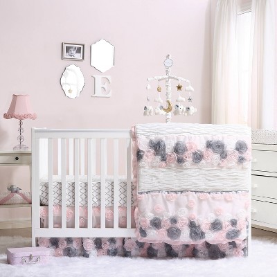 The Peanutshell Colette Rosette Baby Crib Bedding Set - Pink/Gray/Floral - 3pc