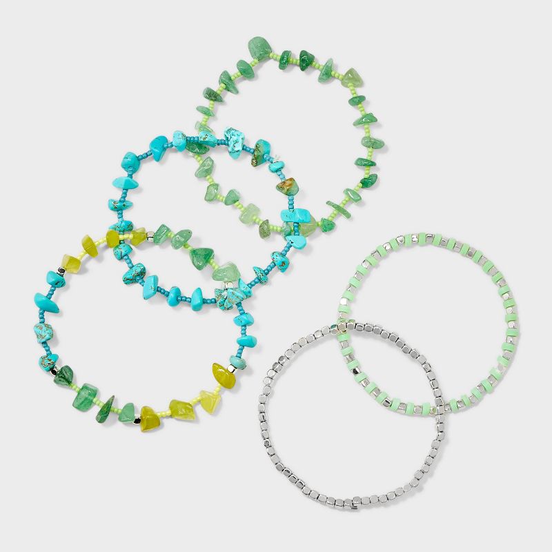 Stretch Bracelet with Semi Precious Jade/Agate/Turquoise Set 5pc - Universal Thread&#8482; Blue/Green/Silver, 3 of 5