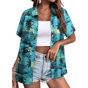 Nlife Womens Button Down Hawaiian Shirts Short Sleeve Floral Print Summer V Neck T-Shirt Casual Summer Beach Blouses Tops - 1 of 4