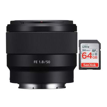 Sony FE 50mm f/1.8 Lens with 64GB Memory Card Bundle