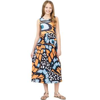 24sevenkid Girls Orange Butterfly Print Sleeveless Pocket Maxi Dress