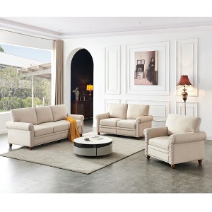 Linen Fabric 1+2+3 Seat Sofa Set with Storage, Round Arm, Brown Solid Wood Legs - 1 of 4