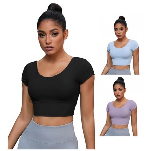 INSPIRE CHIC 3 Packs Women's U Neck Short Sleeve Deep V Back Shapewear Workout Tank Tops with Bulit in Bra - 1 of 4