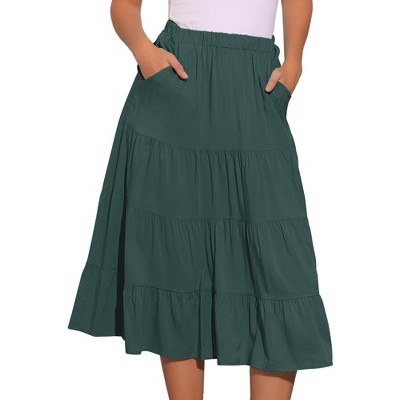 INSPIRE CHIC Women's Midi Solid Elastic Waist Flare Tiered A-Line Skirt with Pockets