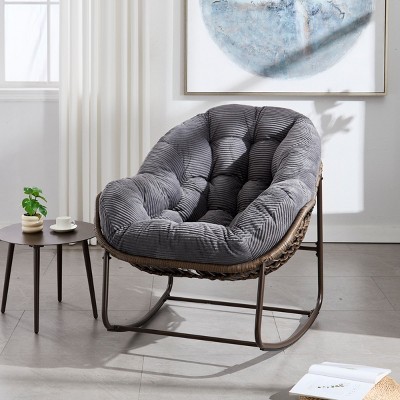 Living Room Rattan Woven Rocking Chair,Velvet Upholstered Recliner Chair With Metal Frame,Egg Chair For Outdoor Patio Bedroom-Coolbibila