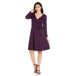 24seven Comfort Apparel Chic V-Neck Long Sleeve Belted Dress - 1 of 4
