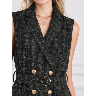 Женские платья INSPIRE CHIC Women's Sleeveless Tweed Collared Belted Button Down Work Blazer Dress Black Small — фото 4