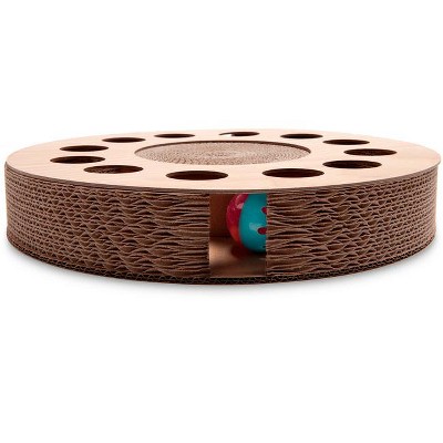 Round Tan Cardboard Cat Scratcher with Toy Balls