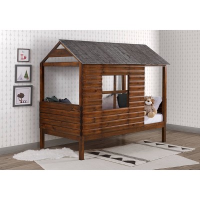 Twin Log Cabin Low Loft Bed Rustic Walnut - Donco Kids