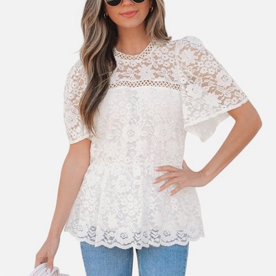 Amaryllis Women's Lace Peplum Top Elegant Floral Short Sleeve Blouse Sheer Detail Chic Versatile