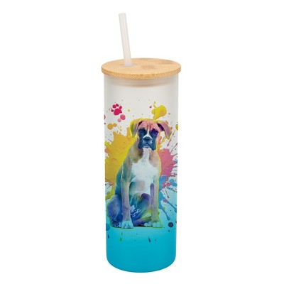 100 North 25 Ounce Frosted Glass Gradient Travel Tumbler With Straw & Wooden Lid, Boxer Dog Paint Splatter Sky Blue
