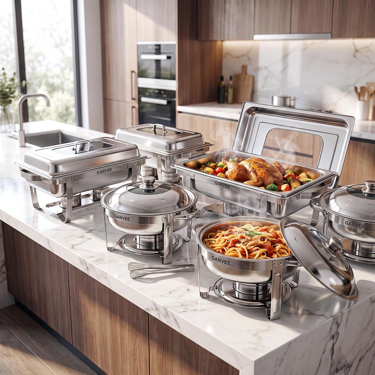 Garvee 8QT Rectangular & 5QT Round Chafing Dishes for Buffet - thumbnail 3