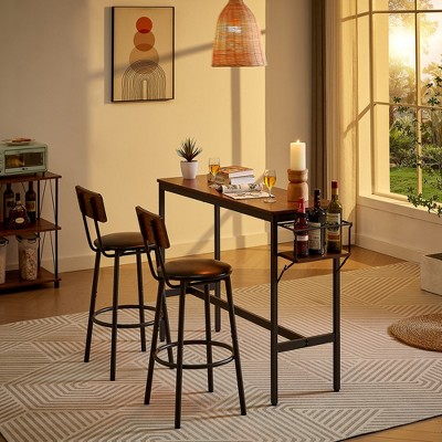 3 Pieces Dining Table Set Kitchen Table Bar Stools Table With 2 Stools Bottle Storage Rack Structural Strengthening Rustic Style Bar Table Stool Set