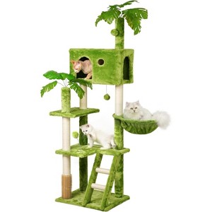 65in Tall Cat Tree with Leaves, Green Cat Tower with Scratching Post,Hanging Hammock,Cozy Perch - 1 of 4