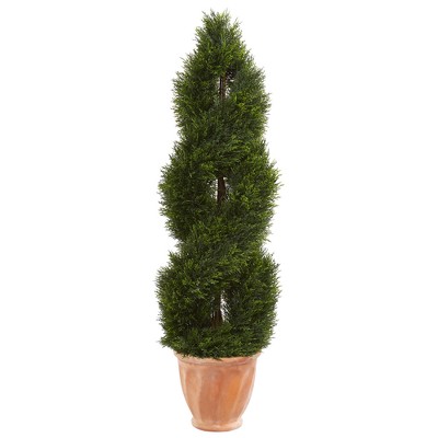 4.5ft Double Pond Cypress Topiary Artificial Tree In Terracotta Planter - Nearly Natural