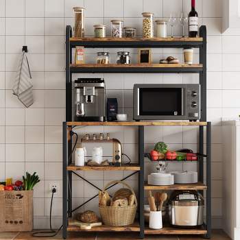 Kitchen Baker Rack with Wire Basket, Microwave Stand with Power Outlet, Large Open Storage Shelves, 6-Tier Freestanding Utility Storage Shelf