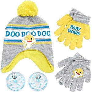 Nicklelodeon Boy's Baby Shark Winter Hat and 2 Pairs of Mittens Set (Toddler/Little Boys), Size Age 2-7, Yellow/Grey Glove with Handwarmers - 1 of 4