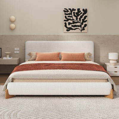 Platform Bed with Boucle Upholstered Headboard, Modern Minimalist Design Bed, Bed with Soft Textured Fabric and Wood Frame-Baofuwish
