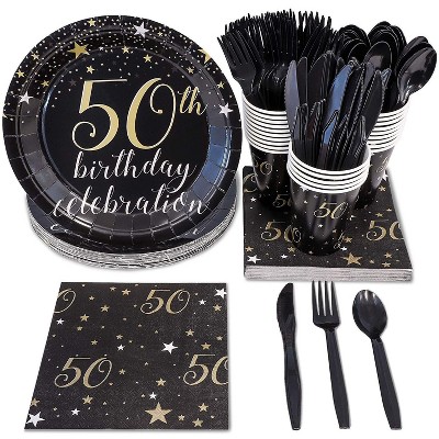 Blue Panda 144-Piece Serves 24 50th Birthday Party Supplies- Disposable Plates, Napkins, Cups & Cutlery