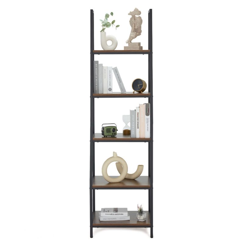 JOMEED CC80 Industrial Freestanding Durable 72 Inch 5 Tier Open Shelf Ladder Bookcase with Rubber Feet and Wall Bracket, Gray and Brown, 3 of 7