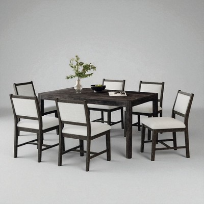 7-Piece Retro Dining Table Set with 1 Rectangular Wood Table and 6 Upholstered Chairs, Solid Wood Frame, for Kitchen or Dining Room