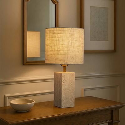ALOADECOR 16'' Natural Modern Rectangular Small Travertine Stone Base Bedside Table Lamp with Beige Linen Shade for Bedroom Living Room
