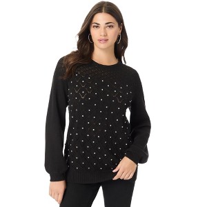 Roaman's Women's Plus Size Rhinestone Pointelle Knit Sweater - 1 of 4