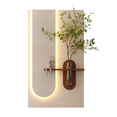 Vynxaria 3-Color LED Sandstone Wall Decor with Simulated Green Plants, 3D Sculpture, Glass Vase, Rabbit Statue