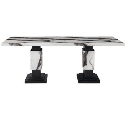 HomeRoots 82" Black and White Faux Marble and Wood Double Pedestal Base Dining Table