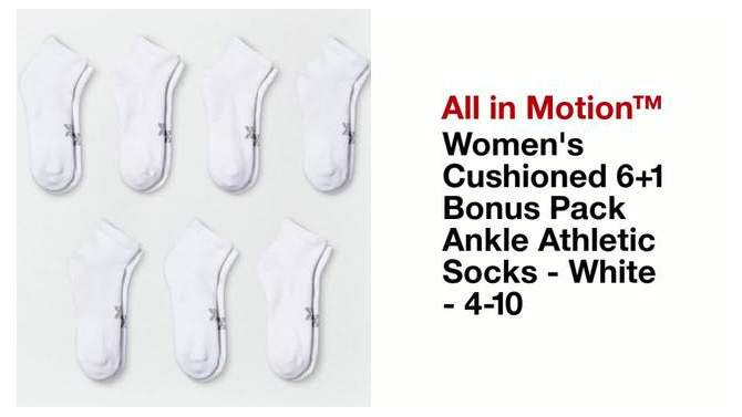 Women&#39;s Cushioned 6+1 Bonus Pack Ankle Athletic Socks - All In Motion&#8482; White 4-10, 2 of 5, play video